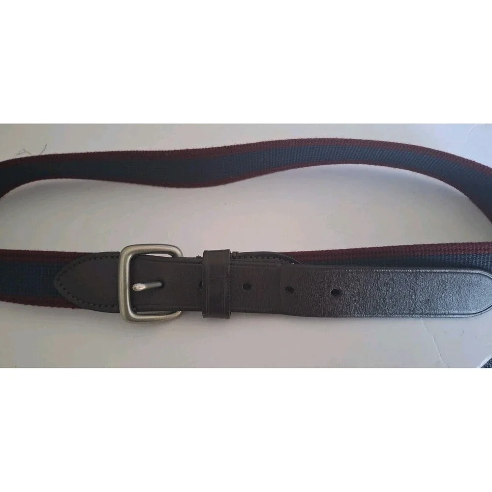 J.Crew Leather Fabric Belt Blue Red Striped Sz 34 Silver Buckle Preppy Coastal - Picture 4 of 7